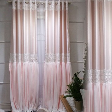 [卡汀]韓式簡約現代美式粉色紗高機密面料大裙擺公主房臥室窗簾