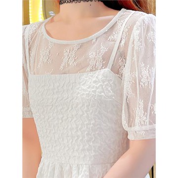 蕾絲打底衫女夏季短袖吊帶裙內搭上衣薄紗泡泡袖鏤空冰絲網紗t恤