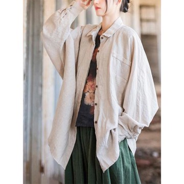 苧麻新中式襯衫女春秋2025新款復古長袖開衫寬松上衣棉麻襯衣外套