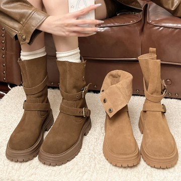 圓頭靴．街頭素色絨面雙帶金屬釦厚底中筒靴．白鳥麗子