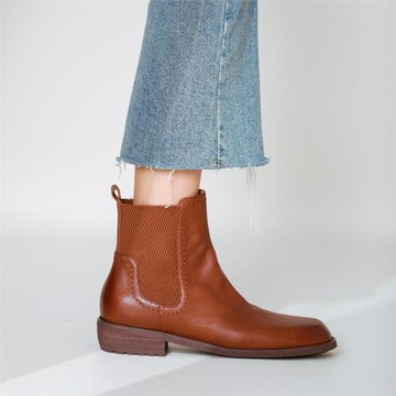 短靴子女款2023新款低跟秋季冬英倫風復古女鞋切爾西靴棕色馬丁靴