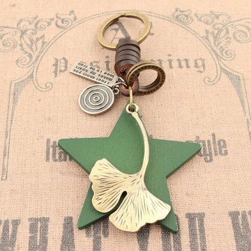 民族風鑰匙扣圈鏈環銀杏葉五角星木掛飾掛件復古文藝手工創意真皮