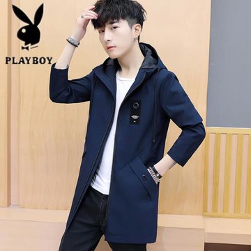 花花公子2025秋冬男士休閑修身加絨加厚中長款風衣帥氣夾克外套潮