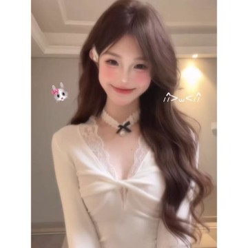 韓系純欲風褶皺v領長袖t恤女秋季修身顯瘦別致蕾絲邊打底短款上衣