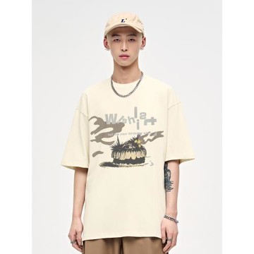 山小川潮牌趣味蛋糕涂鴉男生t恤短袖夏季純棉寬松美式潮流體恤