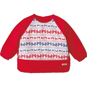 日本 Combi - mini 食事圍兜-長袖款-蝴蝶結-活力紅 (L [90-100cm])-12個月起