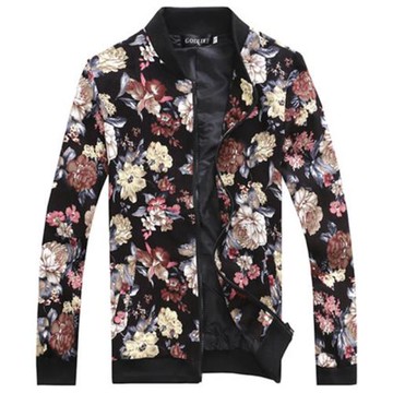 秋冬碎花圖案夾克精神小伙個性花紋外套男大碼彩色玫瑰花加棉加厚