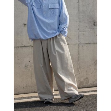 NOEARS淺杏色寬松日系cityboy百搭闊腿長褲男松緊腰春夏薄款純棉