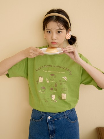 咖啡廳家族．夏日野餐印花純棉寬版短TEE