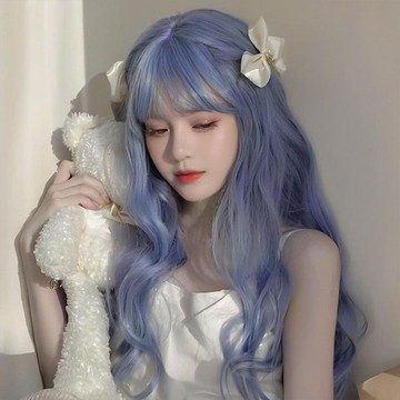 免運🔥藍灰色Lolita軟妹二次元假髮女長髮微卷大波浪人魚公主可愛cos毛假髮女整頂 假髮 假瀏海 增髮量 假髮片
