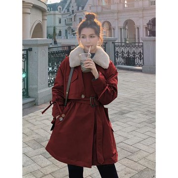 (免運)紅色加厚加絨派克服女冬2024年新款爆款小個子兔毛內膽皮草厚棉服