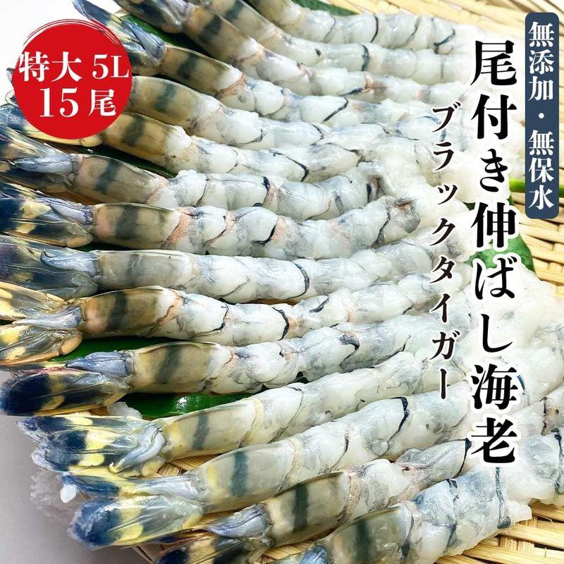 かうKOKO 冷凍 無添加 尾付き伸ばし 海老 ブラックタイガー 5L（13 15）15尾 無保水 殻剥き 背ワタ取り