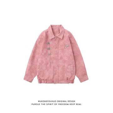 悟空有貨美式金屬裝飾粉色翻領皮衣夾克男女潮牌寬松百搭情侶外套