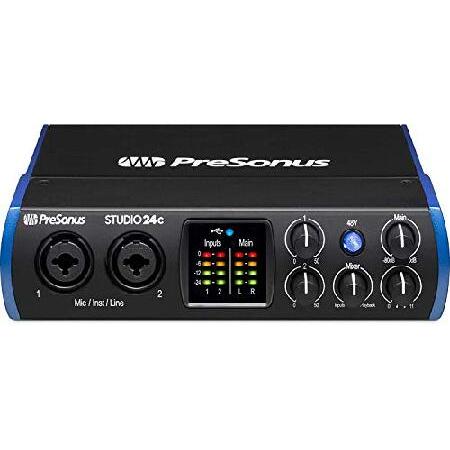 PreSonus Studio 24c 2x2 USB Type-C Audio MIDI Interface with CR3-X Creative Reference Multimedia Monitors and 4” Instrument Cable and Microphone Is