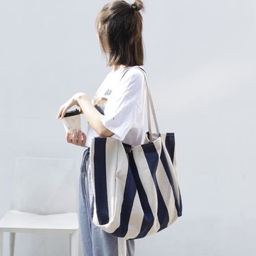 大容量帆布包女條紋單肩包 韓國ins文藝休閑百搭購物袋手提大布包