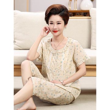 中老年人媽媽女夏季短袖七分褲梭織純棉睡衣母親節圓領開衫家居服