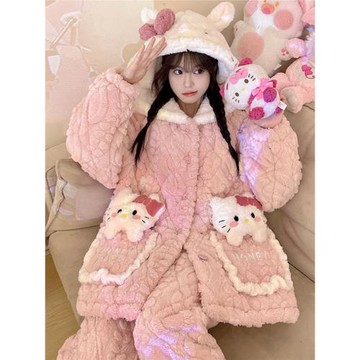 秋冬季天睡衣女2025新款珊瑚絨三層夾棉加厚加絨可外穿家居服可愛