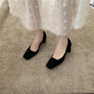 單鞋女款秋冬百搭款氣質通勤款方頭中跟絨面夏秋高跟鞋女鞋秋鞋子