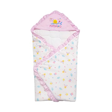 PiYOPiYO 黃色小鴨 小鴨彩虹四季包巾 荷葉立體三角帽 柔軟襁褓包覆 100%純棉 吸汗透氣 四季適用  淺粉