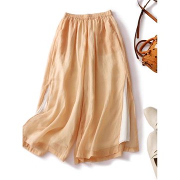 雙層苧麻闊腿褲裙女夏季薄款寬松休閑高腰垂感飄逸七分側開叉裙褲
