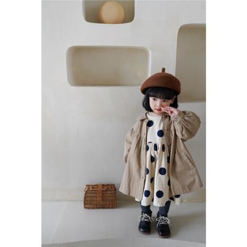 icolababy女童秋冬韓系高級感卡其色翻領寬松風衣外套中長款A010