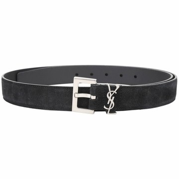 YSL Saint Laurent MONOGRAM 銀釦字母標誌麂皮腰帶(深灰)