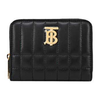 BURBERRY Lola TB金字LOGO格紋絎縫羔羊拉鍊零錢包(黑色)
