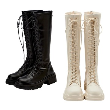 【Grace Gift】靴子 長靴 綁帶靴 【帥氣焦點後拉鍊厚底綁帶長靴】2色 35-43號 大尺碼 軍靴