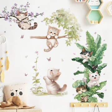 🌸桃園出貨🌸免運+發票 可愛貓咪芭蕉葉疊疊高墻貼紙自粘墻麵裝飾幼兒園兒童房臥室遮醜 防窺遮光 玻璃貼紙 玻璃窗貼 VF3