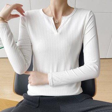 德絨女士打底衫秋冬加絨加厚內搭V領修身長袖t恤純色打底保暖上衣