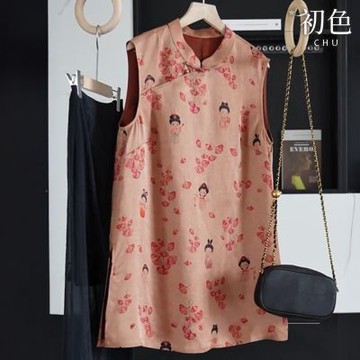 初色 復古風印花斜門襟圓領無袖背心上衣女上衣-粉色-14290(M-3XL可選)