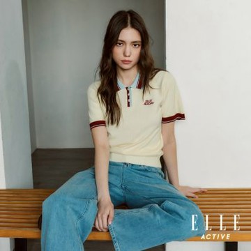 ELLE ACTIVE 女款 撞色設計羅紋針織短袖POLO上衣-米白色(EA26S1W5103#91)