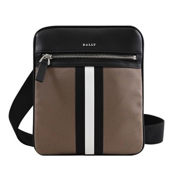 BALLY 6310072 TELFORD 條紋款帆布皮革斜背扁包.棕褐色