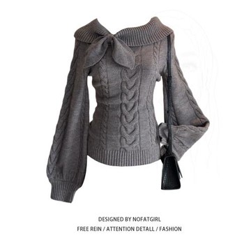 大碼胖MM甜美少女風蝴蝶結領針織衫女灰色燈籠袖收腰顯瘦百搭毛衣