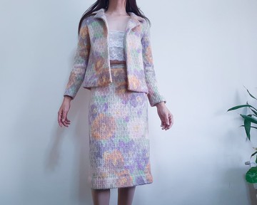 復古 1960 年代柔和碎花裙子套裝兩件套羊毛混紡套裝尺寸 Xs