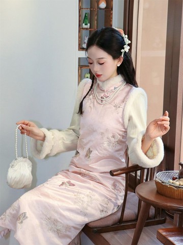 粉色刺綉 國風刺綉夾棉漢服馬甲旗袍 內搭上衣 新中式春節戰袍