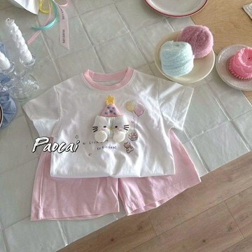 mori🎀mori女童短袖套裝純棉夏季薄兒童寶寶Kitty 貓卡通休閒t恤兩件套
