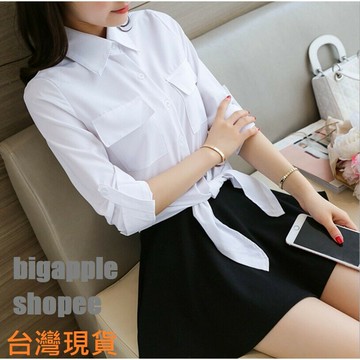 ??臺灣現貨 雙口袋繫結綁帶長袖襯衫 可扣袖五分袖襯衫 女生襯衫 白襯衫 女襯衫 小尺碼  ol長袖白襯衫 s-xxl
