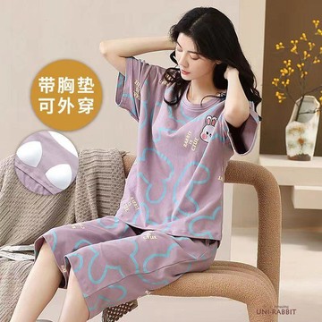 帶胸墊睡衣女夏天短袖薄款大碼短袖七分褲甜美可愛休閒家居服套裝睡衣女可愛睡衣韓版睡衣居家服套裝居家服