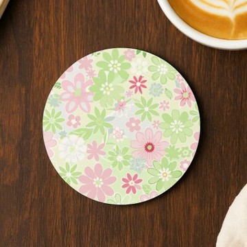 TRON 圓形軟式珪藻土10*10cm 田園風花卉 吸水杯墊 速乾杯墊 防潮杯墊－唯美小碎花綠色款
