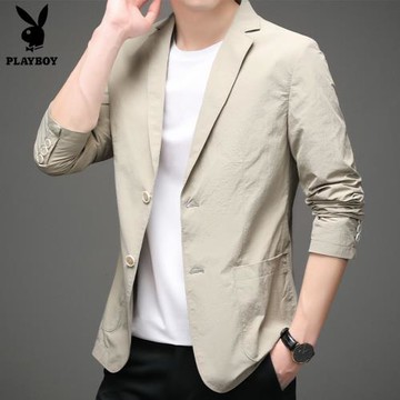 花花公子秋季新款休閑西服棉質修身小西裝純色薄款上衣春秋外套男
