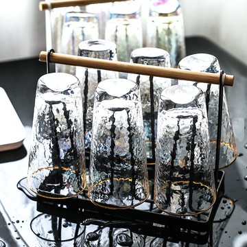 錘紋杯子輕奢金邊透明玻璃杯水杯套裝網紅ins風家用啤酒茶杯