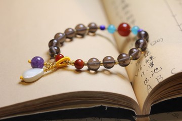 茶水晶手鏈女 茶晶手串單圈佛珠水晶情侶 珠子手環