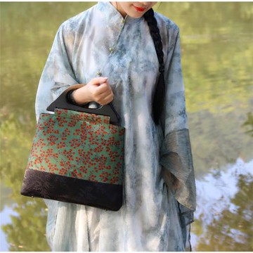 復古實木手提包 香云紗拼接中式國風旗袍宴會國風旅行女包 愿為蓮