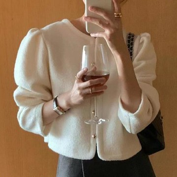 韓國chic秋季法式小香風圓領別致紐扣寬松百搭泡泡袖短款外套女