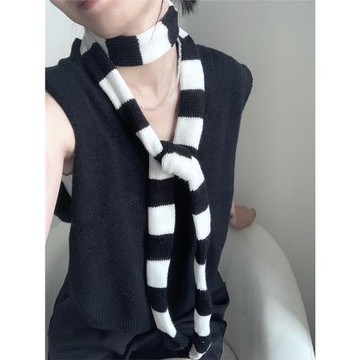 黑白條紋細圍巾亞文化原宿針織圍脖百搭潮流單品