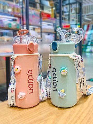 保溫杯帶吸管杯子女士高顏值304不銹鋼男學生水杯網紅兒童可愛ins