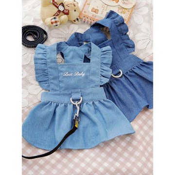 寵物比熊貓咪泰迪狗狗衣服春夏裝裙子仿牛仔連衣裙帶牽引扣牽引環