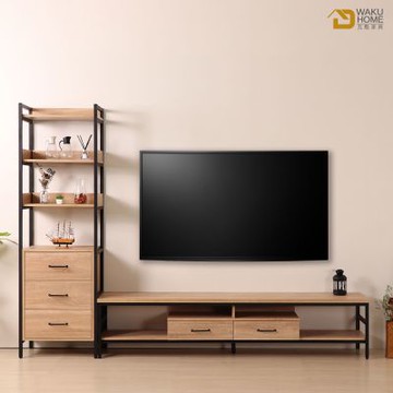 WAKUHOME 瓦酷家具格萊斯原切木工業風三抽展示架+7尺電視櫃-寬270.8*深44.9*高196