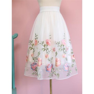 夢幻繡花蓬蓬半身裙花色高腰韓國歐根紗中長裙2025秋新品chic裙子